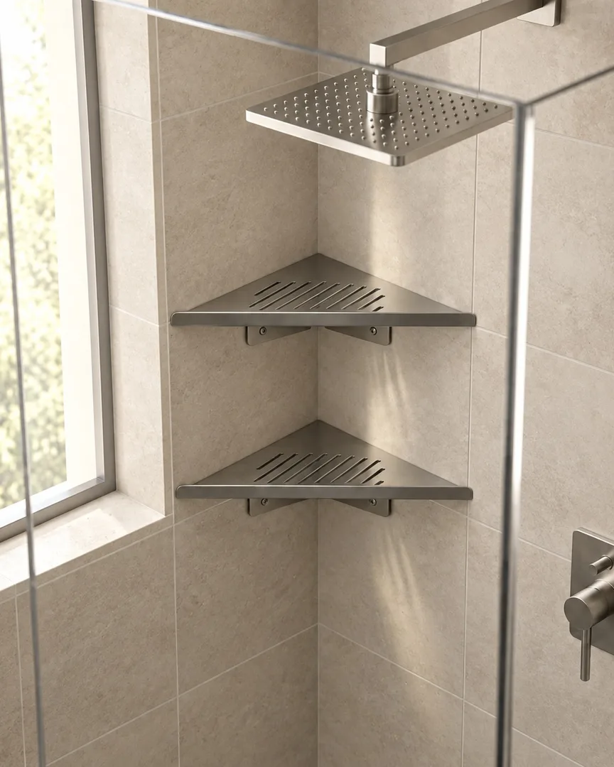 Kit Paris instalado: duas prateleiras de canto em inox no box do banheiro